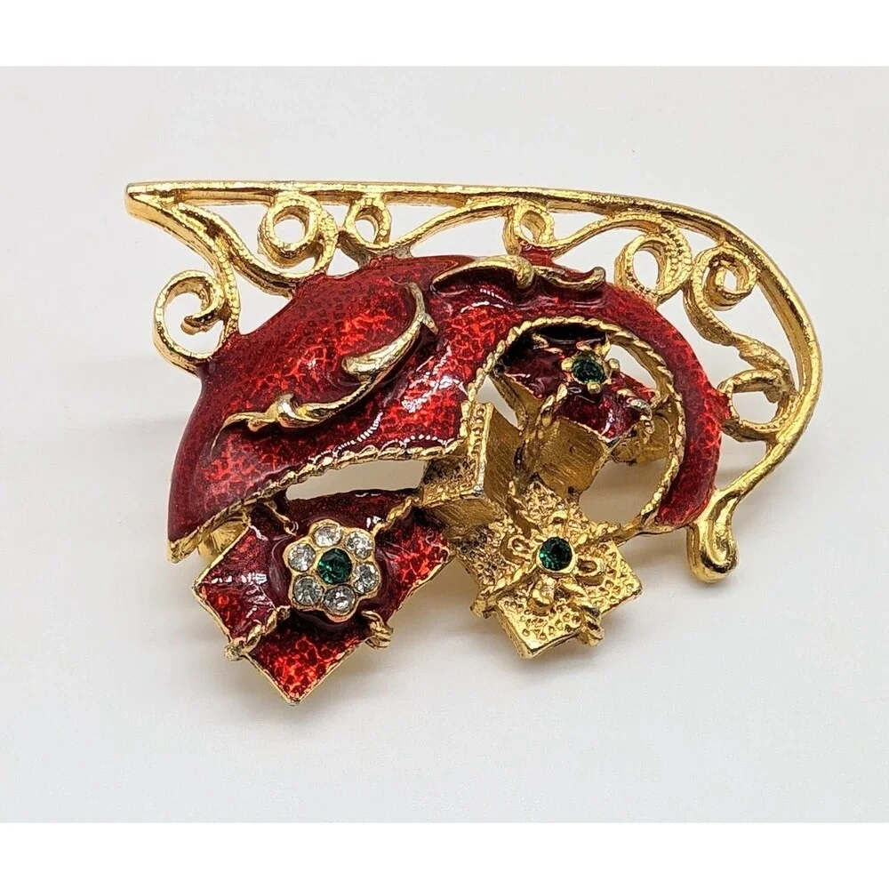 Christmas Sleigh Enamel Rhinestone Brooch Pin Gold Tone